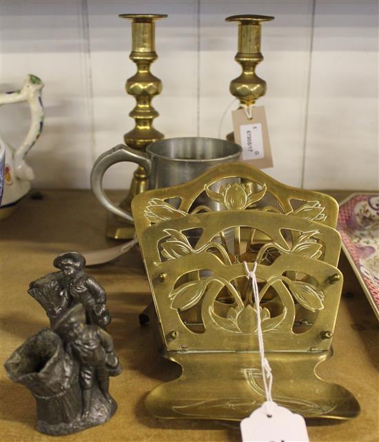 Pair brass knopped stem candlesticks, pair bronzed boy & wheatsheaf holders & pewter pint mug